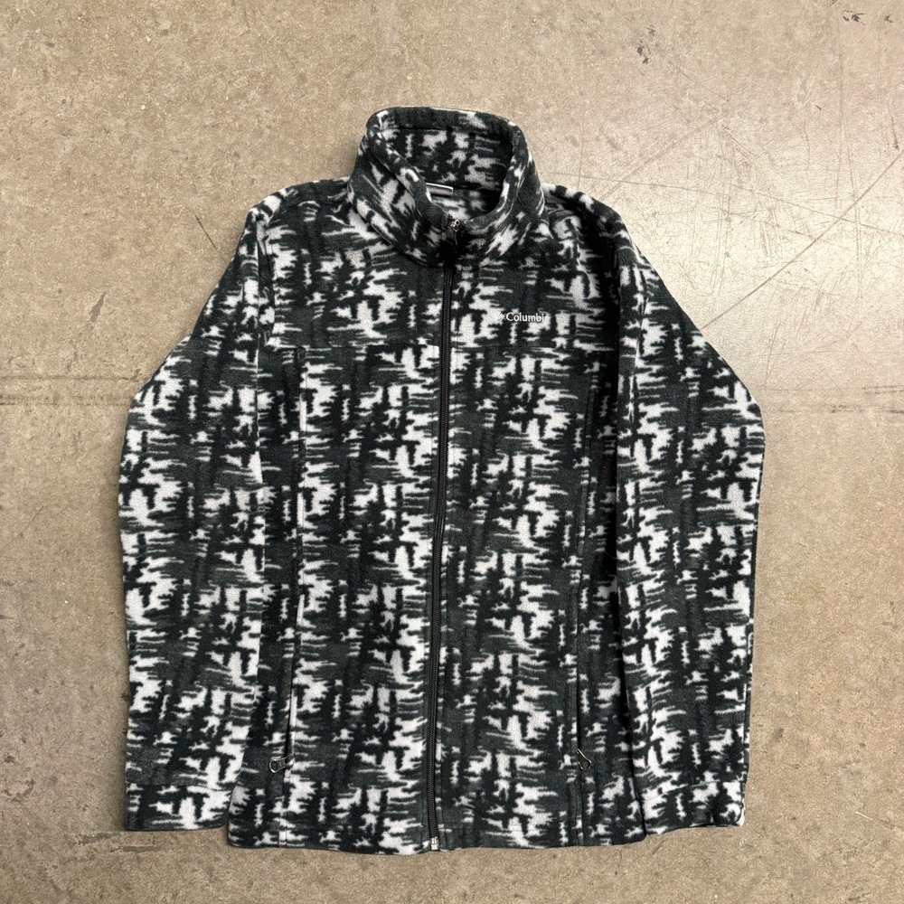 Columbia Womens Fleece Jacket Large Black White Full Zip Mock Neck